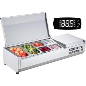imageVEVOR Refrigerated Condiment Prep Station 135 W Countertop Refrigerated Condiment Station with 2 13 Pans ampamp 4 16 Pans 304 Stainless Body and PC Lid Sandwich Prep Table with Stainless Guard ETLStainless 48in