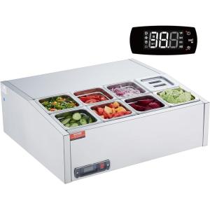 imageVEVOR Refrigerated Condiment Prep Station 135 W Countertop Refrigerated Condiment Station with 2 13 Pans ampamp 4 16 Pans 304 Stainless Body and PC Lid Sandwich Prep Table with Stainless Guard ETLStainless 275in