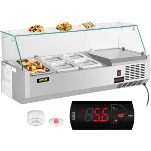 imageVEVOR Refrigerated Condiment Prep Station 135 W Countertop Refrigerated Condiment Station with 2 13 Pans ampamp 4 16 Pans 304 Stainless Body and PC Lid Sandwich Prep Table with Stainless Guard ETL40 in