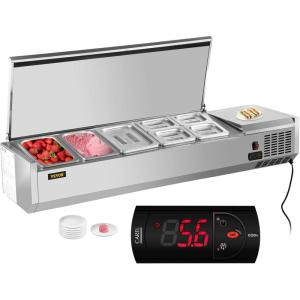 imageVEVOR Refrigerated Condiment Prep Station 135 W Countertop Refrigerated Condiment Station with 2 13 Pans ampamp 4 16 Pans 304 Stainless Body and PC Lid Sandwich Prep Table with Stainless Guard ETLStainless 55