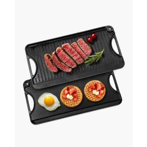 imageVEVOR Reversible GrillGriddle 17x10 PreSeasoned Cast Iron Griddle Rectangular Double Burner Griddle Pan NonStick Family Pan Cookware with Handles Flat Top Plate for BBQ Gas Grill Black20 x 10 x 1