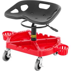imageVEVOR Rolling Garage Stool 300LBS Capacity Adjustable Height from 18 in to 23 in 360degree Swivel Wheels 4quot Large Tool Tray with Two Bottle Holder for Workshop Auto Repair Shop RedRed