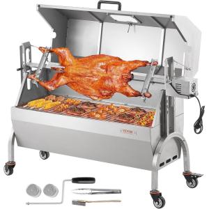 imageVEVOR Rotisserie Grill BBQ Whole Pig Lamb Goat Charcoal Spit Grill 46 Inch 132 Lbs Capacity Electric 52W Motor Stainless Steel Rotisserie Roaster with Lockable Wheels for Camping Outdoor46INWith Cover