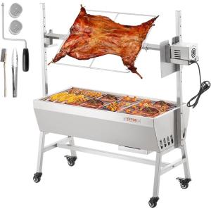 imageVEVOR Rotisserie Grill BBQ Whole Pig Lamb Goat Charcoal Spit Grill 46 Inch 132 Lbs Capacity Electric 52W Motor Stainless Steel Rotisserie Roaster with Lockable Wheels for Camping Outdoor35INWithout Baffle