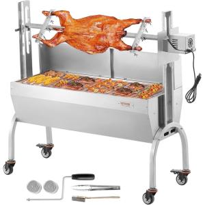 imageVEVOR Rotisserie Grill BBQ Whole Pig Lamb Goat Charcoal Spit Grill 46 Inch 132 Lbs Capacity Electric 52W Motor Stainless Steel Rotisserie Roaster with Lockable Wheels for Camping Outdoor46INWith Baffle