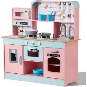 imageVEVOR Wooden Play Kitchen Toy Play Kitchen for Kids with Lights and Sounds Toddler Kitchen with Ice Maker Oven Sink Microwaves Fridge and Utensil and Fruit Accessory for Toddlers Ages 38 PinkPink