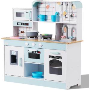 imageVEVOR Wooden Play Kitchen Toy Play Kitchen for Kids with Lights and Sounds Toddler Kitchen with Ice Maker Oven Sink Microwaves Fridge and Utensil and Fruit Accessory for Toddlers Ages 38 PinkWhite