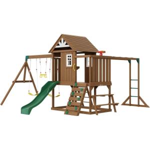 imageVEVOR Wooden Swing Set 10 in 1 Playground Sets for Backyards 2 Swings 6FT Slide Trapeze Bar Flat Step LadderLarge Upper Fort with Kitchen Toys Rock Wall Picnic Table Sandbox Scaling Ladder10 in 1