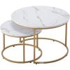 imageVEVOR Nesting Tables Coffee Table Set of 2 236 inch Round Coffee Table Small Coffee Tables Night Stand with Metal Frame for Living Room Bedroom Office White ampamp GoldWhite