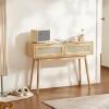 imageVEVOR Rattan Console Table with 2 Storage Drawers Rattan Entryway Table with Natural Rattan Sliding Door Console Sofa Table for Living Room Study Entryway Or TV Wall Natural