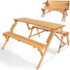 imageVEVOR 2in1 Transforming Interchangeable Picnic Table Outdoor Wooden Table and Bench Set Portable Foldable Bench with Umbrella Hole Patio Dining Furniture for Garden Backyard Porch Brown