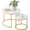 imageVEVOR Nesting Tables Coffee Table Set of 2 236 inch Round Coffee Table Small Coffee Tables Night Stand with Metal Frame for Living Room Bedroom Office White ampamp GoldWhite