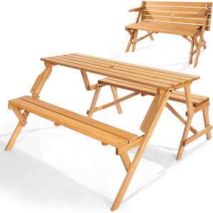 imageVEVOR 2in1 Transforming Interchangeable Picnic Table Outdoor Wooden Table and Bench Set Portable Foldable Bench with Umbrella Hole Patio Dining Furniture for Garden Backyard Porch Brown