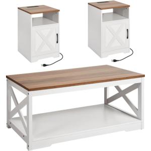 imageVEVOR 4 Pieces Farmhouse Coffee Table Sets 40 Inch Coffee Table with 2 End Tables and 66 in TV Stand Easy Assembly Living Room Tables Sets with Charging Station for Office Living Room ampamp Apartment3 Pieces