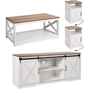 imageVEVOR 4 Pieces Farmhouse Coffee Table Sets 40 Inch Coffee Table with 2 End Tables and 66 in TV Stand Easy Assembly Living Room Tables Sets with Charging Station for Office Living Room ampamp Apartment4 Pieces