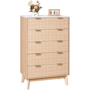 imageVEVOR Fluted 6 Drawer Dresser 54quot Wide Chest of Drawers with Faux Marble Top Modern Dresser TV Stand Wooden Closet Clothes Storage Organizer for Bedroom Living Room Hallway Entryway Natural Oak295D x 157W x 48H 7 Drawers