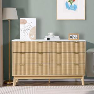 imageVEVOR Fluted 6 Drawer Dresser 54quot Wide Chest of Drawers with Faux Marble Top Modern Dresser TV Stand Wooden Closet Clothes Storage Organizer for Bedroom Living Room Hallway Entryway Natural Oak54D x 157W x 32H 6 Drawers