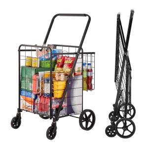imageVEVOR Folding Shopping Cart with Removable Waterproof Liner 210LBS Large Capacity Jumbo Grocery Cart with Dual Basket 360 Swivel Wheels Dense Metal Mesh Base Heavy Duty Utility Cart for ShoppingLARGE