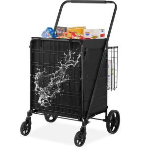 imageVEVOR Folding Shopping Cart with Removable Waterproof Liner 210LBS Large Capacity Jumbo Grocery Cart with Dual Basket 360 Swivel Wheels Dense Metal Mesh Base Heavy Duty Utility Cart for ShoppingJUMBO