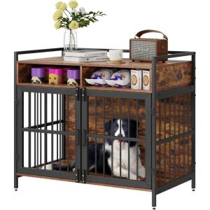 imageVEVOR Furniture Style Dog Crate with Storage 41 inch Dog Crate Furniture Large Breed with Double Doors Wooden Dog Cage for LargeMedium Dog Indoor Hold up to 70 lbs Rustic Brown410L x 236W x 362H