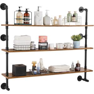 imageVEVOR Industrial Pipe Shelf 2 Tier 24x787in WallMount Floating Rustic Wood Shelves Bracket Display Bookshelf Storage Rack Sundries Holder for Kitchen Bedroom Bathroom Living Room Black3 Tier 48x984in