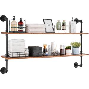 imageVEVOR Industrial Pipe Shelf 2 Tier 24x787in WallMount Floating Rustic Wood Shelves Bracket Display Bookshelf Storage Rack Sundries Holder for Kitchen Bedroom Bathroom Living Room Black2 Tier 48x 984in