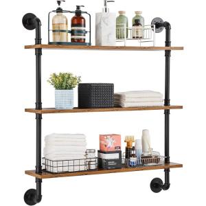 imageVEVOR Industrial Pipe Shelf 2 Tier 24x787in WallMount Floating Rustic Wood Shelves Bracket Display Bookshelf Storage Rack Sundries Holder for Kitchen Bedroom Bathroom Living Room Black3 Tier 32x787in