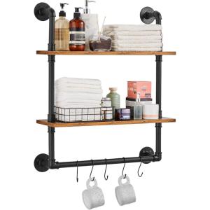 imageVEVOR Industrial Pipe Shelf 2 Tier 24x787in WallMount Floating Rustic Wood Shelves Bracket Display Bookshelf Storage Rack Sundries Holder for Kitchen Bedroom Bathroom Living Room Black2 Tier 24x787in