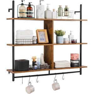 imageVEVOR Industrial Pipe Shelf 2 Tier 24x787in WallMount Floating Rustic Wood Shelves Bracket Display Bookshelf Storage Rack Sundries Holder for Kitchen Bedroom Bathroom Living Room Black3 Tier 415x984in
