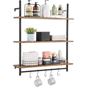 imageVEVOR Industrial Pipe Shelf 2 Tier 24x787in WallMount Floating Rustic Wood Shelves Bracket Display Bookshelf Storage Rack Sundries Holder for Kitchen Bedroom Bathroom Living Room Black3 Tier 32x984in