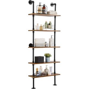 imageVEVOR Industrial Pipe Shelf 2 Tier 24x787in WallMount Floating Rustic Wood Shelves Bracket Display Bookshelf Storage Rack Sundries Holder for Kitchen Bedroom Bathroom Living Room Black5 Tier 24x984in