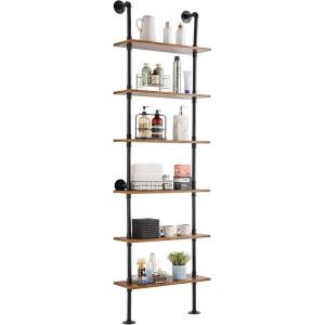 imageVEVOR Industrial Pipe Shelf 2 Tier 24x787in WallMount Floating Rustic Wood Shelves Bracket Display Bookshelf Storage Rack Sundries Holder for Kitchen Bedroom Bathroom Living Room Black6 Tier 24x984in