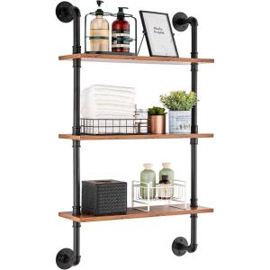 imageVEVOR Industrial Pipe Shelf 2 Tier 24x787in WallMount Floating Rustic Wood Shelves Bracket Display Bookshelf Storage Rack Sundries Holder for Kitchen Bedroom Bathroom Living Room Black3 Tier 24x787in