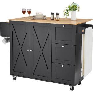 imageVEVOR Kitchen Island Cart 32quot Mobile Carts with Storage Cabinet Rolling Table with Power Outlet Spice Rack Towel Bar Adjustable Shelf Drawer Dining Living Room Portable Islands on Wheels White453 W Drop Leaf Black