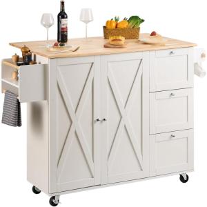 imageVEVOR Kitchen Island Cart 32quot Mobile Carts with Storage Cabinet Rolling Table with Power Outlet Spice Rack Towel Bar Adjustable Shelf Drawer Dining Living Room Portable Islands on Wheels White453 W Drop Leaf White