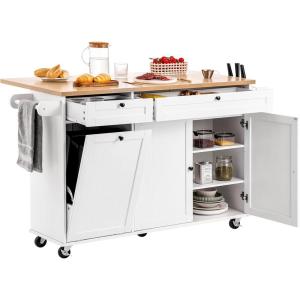 imageVEVOR Kitchen Island Cart 32quot Mobile Carts with Storage Cabinet Rolling Table with Power Outlet Spice Rack Towel Bar Adjustable Shelf Drawer Dining Living Room Portable Islands on Wheels White6024D x 2756W x 3543H