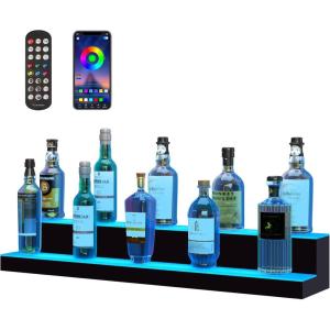 imageVEVOR LED Lighted Liquor Bottle Display 1 Tier 60 Inches Whiskey Rack Supports USB Illuminated Home Bar Shelf with RF Remote ampamp App Control 7 Static Colors Acrylic Lighted Shelf for 15 Bottles2 Step 40 Inches
