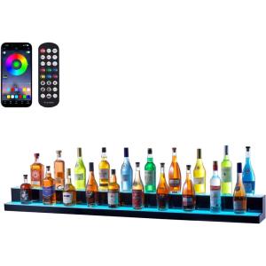 imageVEVOR LED Lighted Liquor Bottle Display 1 Tier 60 Inches Whiskey Rack Supports USB Illuminated Home Bar Shelf with RF Remote ampamp App Control 7 Static Colors Acrylic Lighted Shelf for 15 Bottles2 Step 72 Inches
