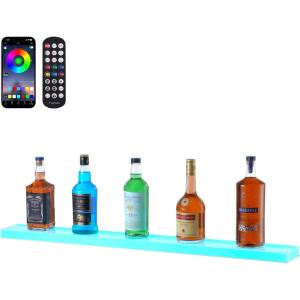 imageVEVOR LED Lighted Liquor Bottle Display 1 Tier 60 Inches Whiskey Rack Supports USB Illuminated Home Bar Shelf with RF Remote ampamp App Control 7 Static Colors Acrylic Lighted Shelf for 15 Bottles1 Step 40 Inches