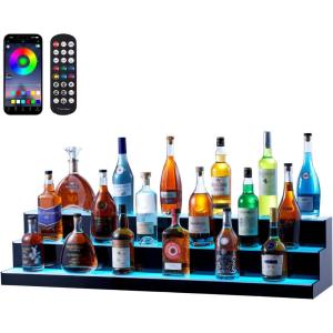 imageVEVOR LED Lighted Liquor Bottle Display 1 Tier 60 Inches Whiskey Rack Supports USB Illuminated Home Bar Shelf with RF Remote ampamp App Control 7 Static Colors Acrylic Lighted Shelf for 15 Bottles3 Step 48 Inches