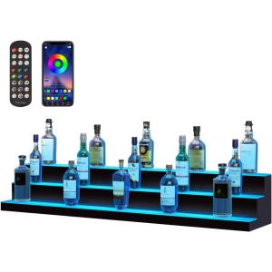 imageVEVOR LED Lighted Liquor Bottle Display 1 Tier 60 Inches Whiskey Rack Supports USB Illuminated Home Bar Shelf with RF Remote ampamp App Control 7 Static Colors Acrylic Lighted Shelf for 15 Bottles3 Step 60 Inches