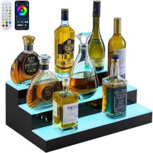 imageVEVOR LED Lighted Liquor Bottle Display 1 Tier 60 Inches Whiskey Rack Supports USB Illuminated Home Bar Shelf with RF Remote ampamp App Control 7 Static Colors Acrylic Lighted Shelf for 15 Bottles3 Step 20 Inches
