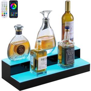 imageVEVOR LED Lighted Liquor Bottle Display 1 Tier 60 Inches Whiskey Rack Supports USB Illuminated Home Bar Shelf with RF Remote ampamp App Control 7 Static Colors Acrylic Lighted Shelf for 15 Bottles2 Step 20 Inches