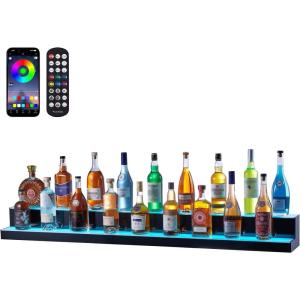 imageVEVOR LED Lighted Liquor Bottle Display 1 Tier 60 Inches Whiskey Rack Supports USB Illuminated Home Bar Shelf with RF Remote ampamp App Control 7 Static Colors Acrylic Lighted Shelf for 15 Bottles2 Step 60 Inches