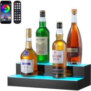imageVEVOR LED Lighted Liquor Bottle Display 1 Tier 60 Inches Whiskey Rack Supports USB Illuminated Home Bar Shelf with RF Remote ampamp App Control 7 Static Colors Acrylic Lighted Shelf for 15 Bottles2 Step 16 Inches