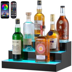 imageVEVOR LED Lighted Liquor Bottle Display 1 Tier 60 Inches Whiskey Rack Supports USB Illuminated Home Bar Shelf with RF Remote ampamp App Control 7 Static Colors Acrylic Lighted Shelf for 15 Bottles3 Step 16 Inches