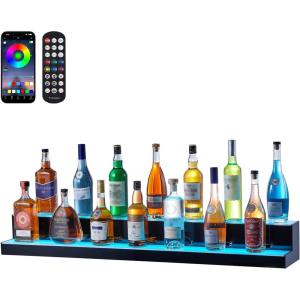 imageVEVOR LED Lighted Liquor Bottle Display 1 Tier 60 Inches Whiskey Rack Supports USB Illuminated Home Bar Shelf with RF Remote ampamp App Control 7 Static Colors Acrylic Lighted Shelf for 15 Bottles2 Step 48 Inches