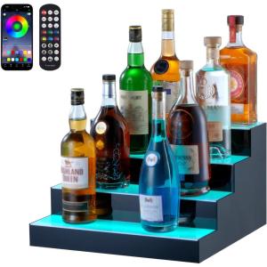 imageVEVOR LED Lighted Liquor Bottle Display 1 Tier 60 Inches Whiskey Rack Supports USB Illuminated Home Bar Shelf with RF Remote ampamp App Control 7 Static Colors Acrylic Lighted Shelf for 15 Bottles4 Step 16 Inches