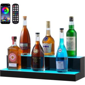 imageVEVOR LED Lighted Liquor Bottle Display 1 Tier 60 Inches Whiskey Rack Supports USB Illuminated Home Bar Shelf with RF Remote ampamp App Control 7 Static Colors Acrylic Lighted Shelf for 15 Bottles2 Step 24 Inches