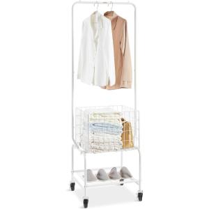 imageVEVOR Metal Rolling Laundry Basket with Hanging Garment Rack Laundry Hamper Cart Adjustable Height with Basket Load and Shelf Load Storage Organizer with Heavy Duty Lockable WheelsWhite